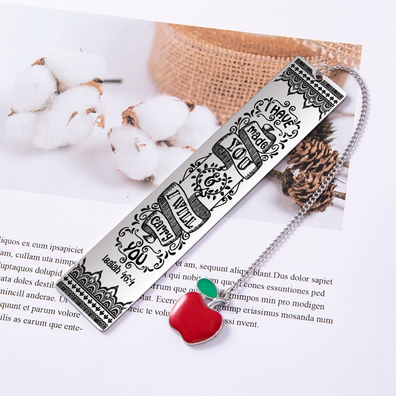 Engraved Bible Verse Stainless Steel Pendant Bookmark Red Apple Tassel Book Marks For Student Teachers Day Gifts