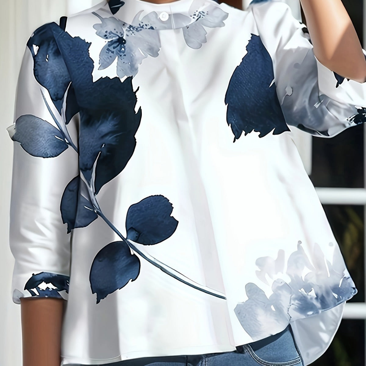 Flower Plant Print Stand Collar Long-sleeved Shirt