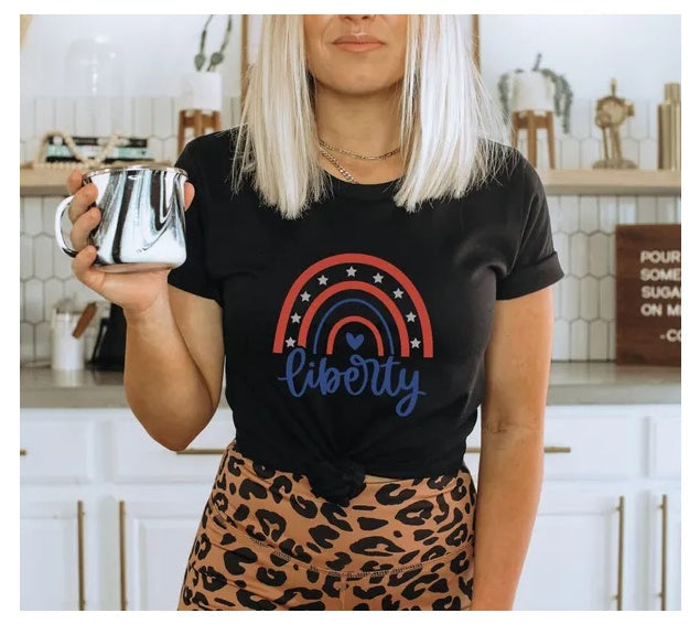 Liberty Rainbow T-shirt, Patriotic Gifts, 4th Of July Tee, Independence Day Top, Liberty Shirt, Fourth Of July Gift, Rainbow Tees, Women Tee
