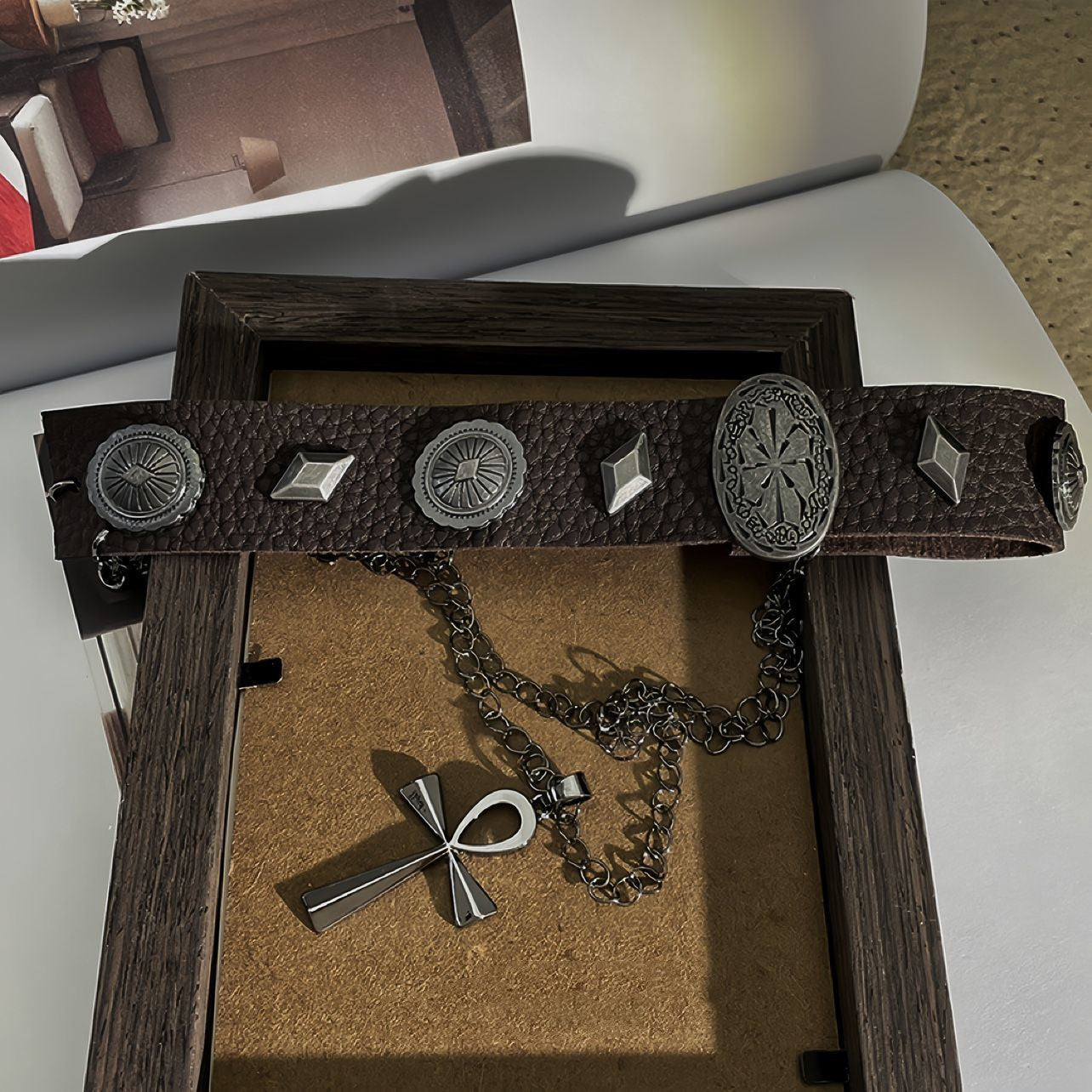 Brown Leather Retro Double Layer Cross Roman Rivet Punk All-match Necklace