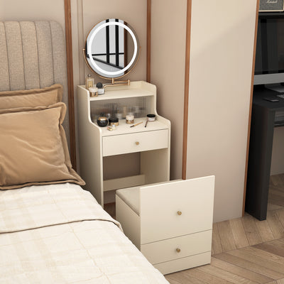 3 In 1 Vanity Desk With Mirror And Light ,Small Makeup Vanity Set With Charging Station, With 2 Drawers And Open Storage Space, With Upholstered Stool, Compact Dressing Table Writing Desk For Small Sp