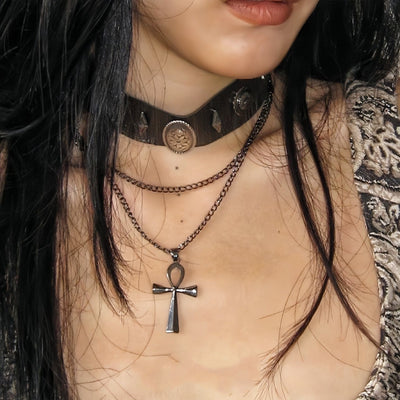 Brown Leather Retro Double Layer Cross Roman Rivet Punk All-match Necklace