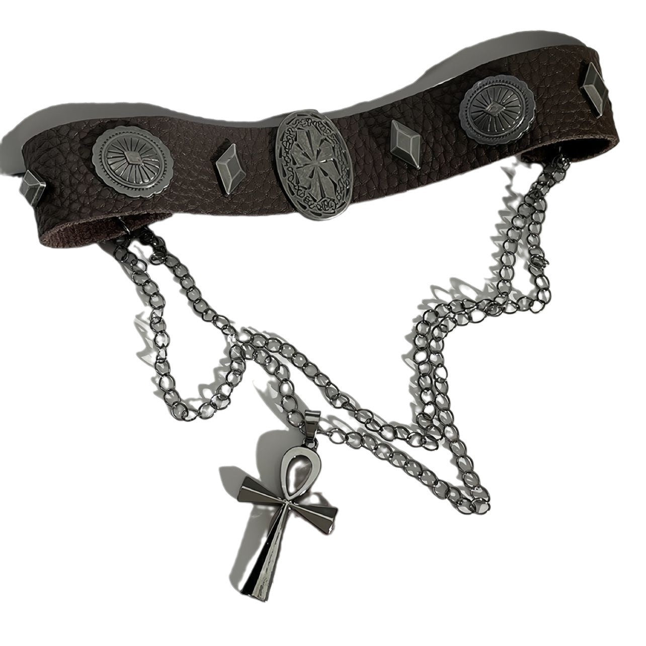 Brown Leather Retro Double Layer Cross Roman Rivet Punk All-match Necklace