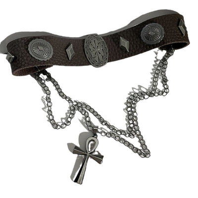 Brown Leather Retro Double Layer Cross Roman Rivet Punk All-match Necklace