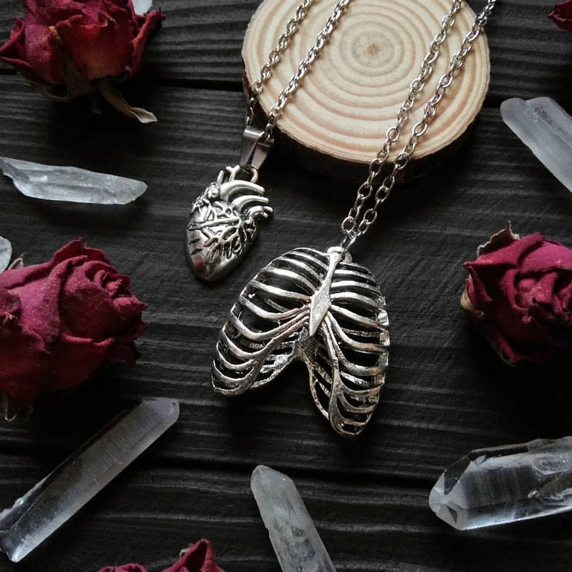 Gothic Skull Charm Anatomical Heart Pendant Necklace