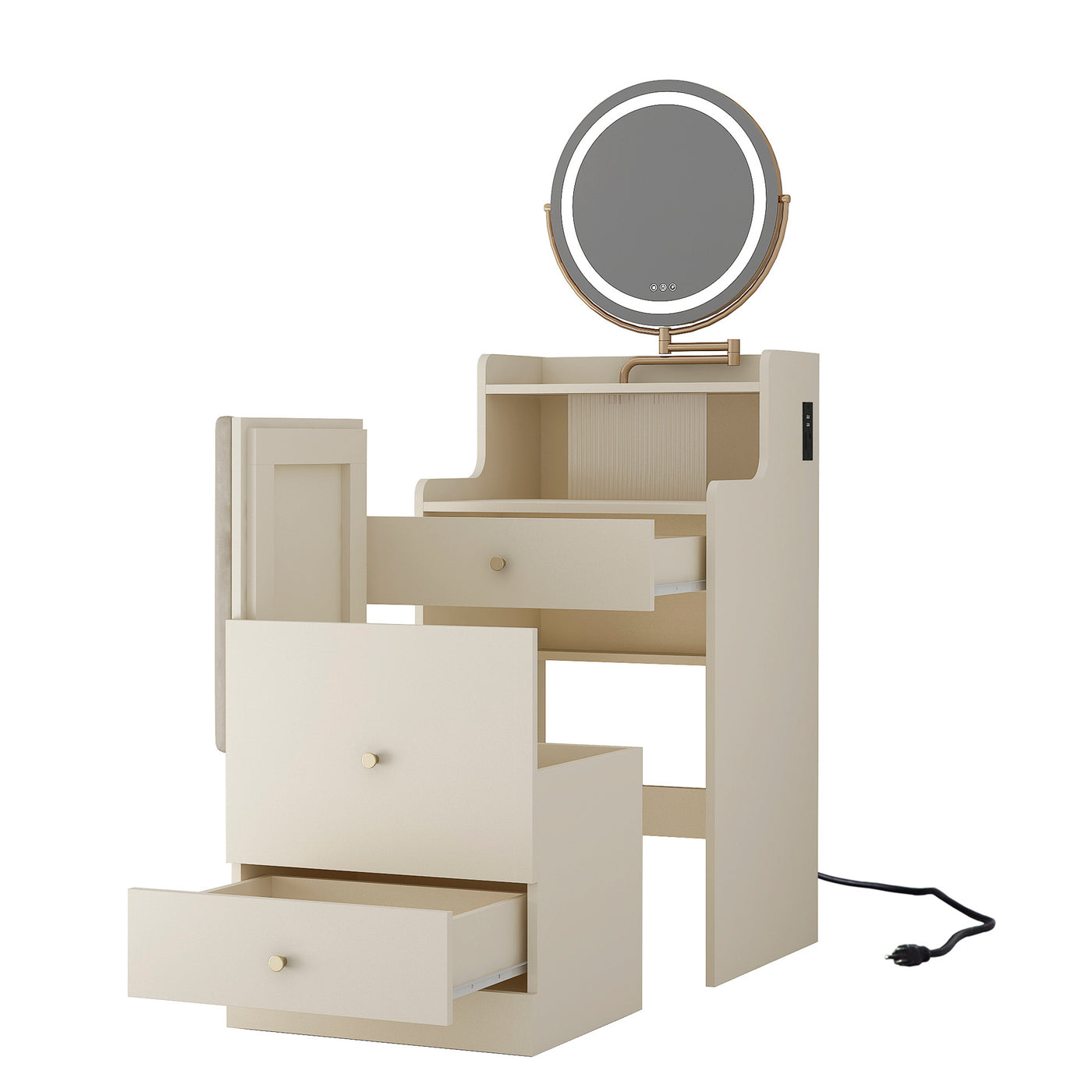 3 In 1 Vanity Desk With Mirror And Light ,Small Makeup Vanity Set With Charging Station, With 2 Drawers And Open Storage Space, With Upholstered Stool, Compact Dressing Table Writing Desk For Small Sp