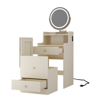3 In 1 Vanity Desk With Mirror And Light ,Small Makeup Vanity Set With Charging Station, With 2 Drawers And Open Storage Space, With Upholstered Stool, Compact Dressing Table Writing Desk For Small Sp