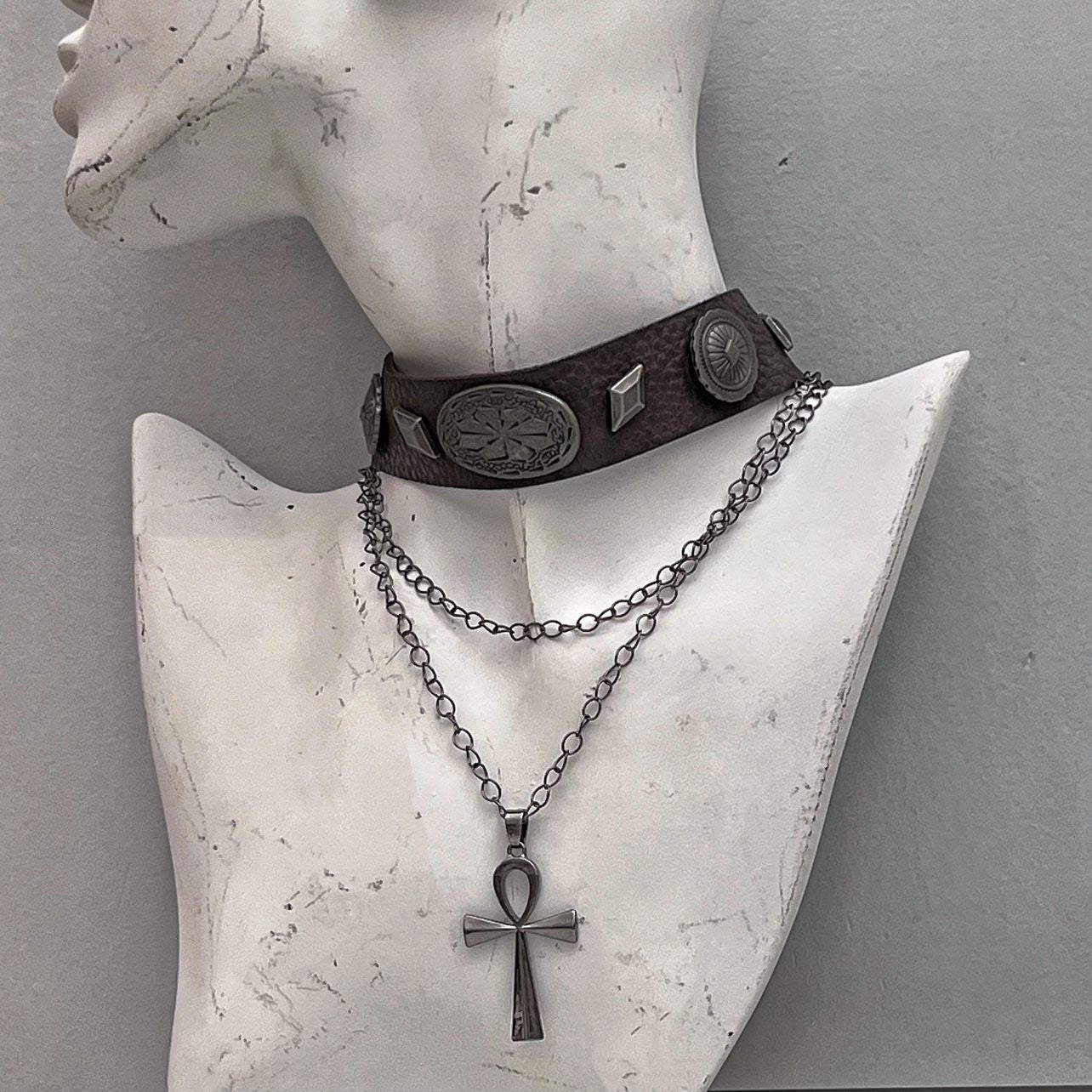 Brown Leather Retro Double Layer Cross Roman Rivet Punk All-match Necklace