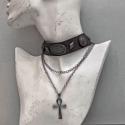 Brown Leather Retro Double Layer Cross Roman Rivet Punk All-match Necklace